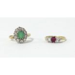 An 18ct ruby and diamond ring, size M together with an 18ct diamond and greenstone ring, size M.