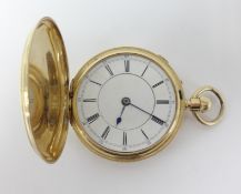 An 18ct full hunter keyless pocket watch, working but lacks glass and faults, weight approx