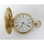 An 18ct full hunter keyless pocket watch, working but lacks glass and faults, weight approx