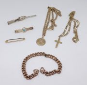 Two 9ct necklaces, 9ct bracelet, bar brooch and turquoise set brooch, approx 43gms.