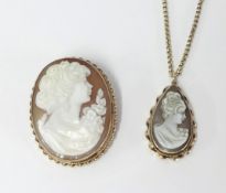 A 9ct gold cameo brooch together with a 9ct gold cameo pendant on chain, total weight approx 39.