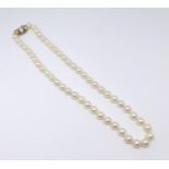 A cultured pearl necklace set with a 9ct gold clasp marked 'B.J Ltd'.