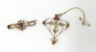 A 9ct gold ruby and seed pearl pendant brooch together with a yellow gold brooch (2).