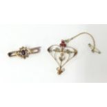 A 9ct gold ruby and seed pearl pendant brooch together with a yellow gold brooch (2).