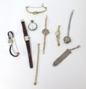 A collection of seven watches including two 9ct gold also a small silver pocket watch.