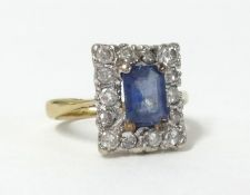 An 18ct sapphire and diamond set cluster ring of rectangular form, size K.