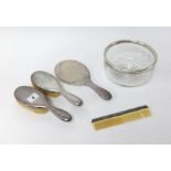 A late Victorian silver back four piece dressing table set together with a silver mounted and