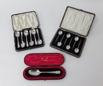 A set of six silver coffee bean spoons, a set of six silver teaspoons and a single silver and