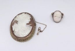 A 9ct cameo brooch and a 9ct cameo set ring, size N (2).