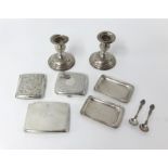 Three silver cigarette cases and a pair of silver rectangular pin trays, approx 11.10oz together