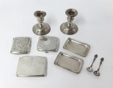 Three silver cigarette cases and a pair of silver rectangular pin trays, approx 11.10oz together