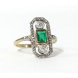 A period art deco emerald and diamond ring not marked, approx 17mm, size Q.