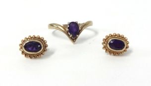 A pair of 9ct amethyst stud mounted earrings also a single stone amethyst ring.