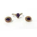 A pair of 9ct amethyst stud mounted earrings also a single stone amethyst ring.