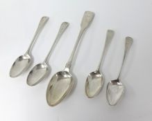 A pair of Georgian table spoons engraved 'MRH', another pair of Georgian silver table spoons