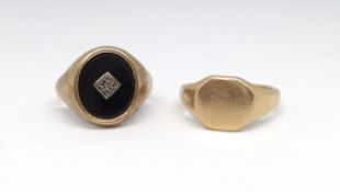 Two gents signet ring including 18ct, 9.8gms and 9ct inset with onyx, 6gms.