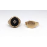 Two gents signet ring including 18ct, 9.8gms and 9ct inset with onyx, 6gms.