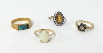 Three 9ct gold dress rings also an 18ct enamel ring (damaged) (4).