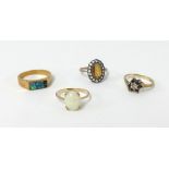 Three 9ct gold dress rings also an 18ct enamel ring (damaged) (4).