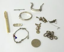 Silver I.D. bracelet, other silver and white metal chains, brooches, bangles also modern gilt
