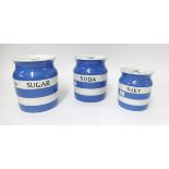 T.G.Green Cornishware, a collection including two 7 inch jars Sugar, Soda (chip to lid) and one 5.
