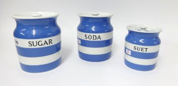 T.G.Green Cornishware, a collection including two 7 inch jars Sugar, Soda (chip to lid) and one 5.
