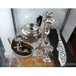A pair of silver candlesticks, 10cm, a silver cane top, and a collection of various silver plated
