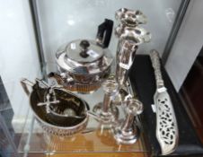 A pair of silver candlesticks, 10cm, a silver cane top, and a collection of various silver plated