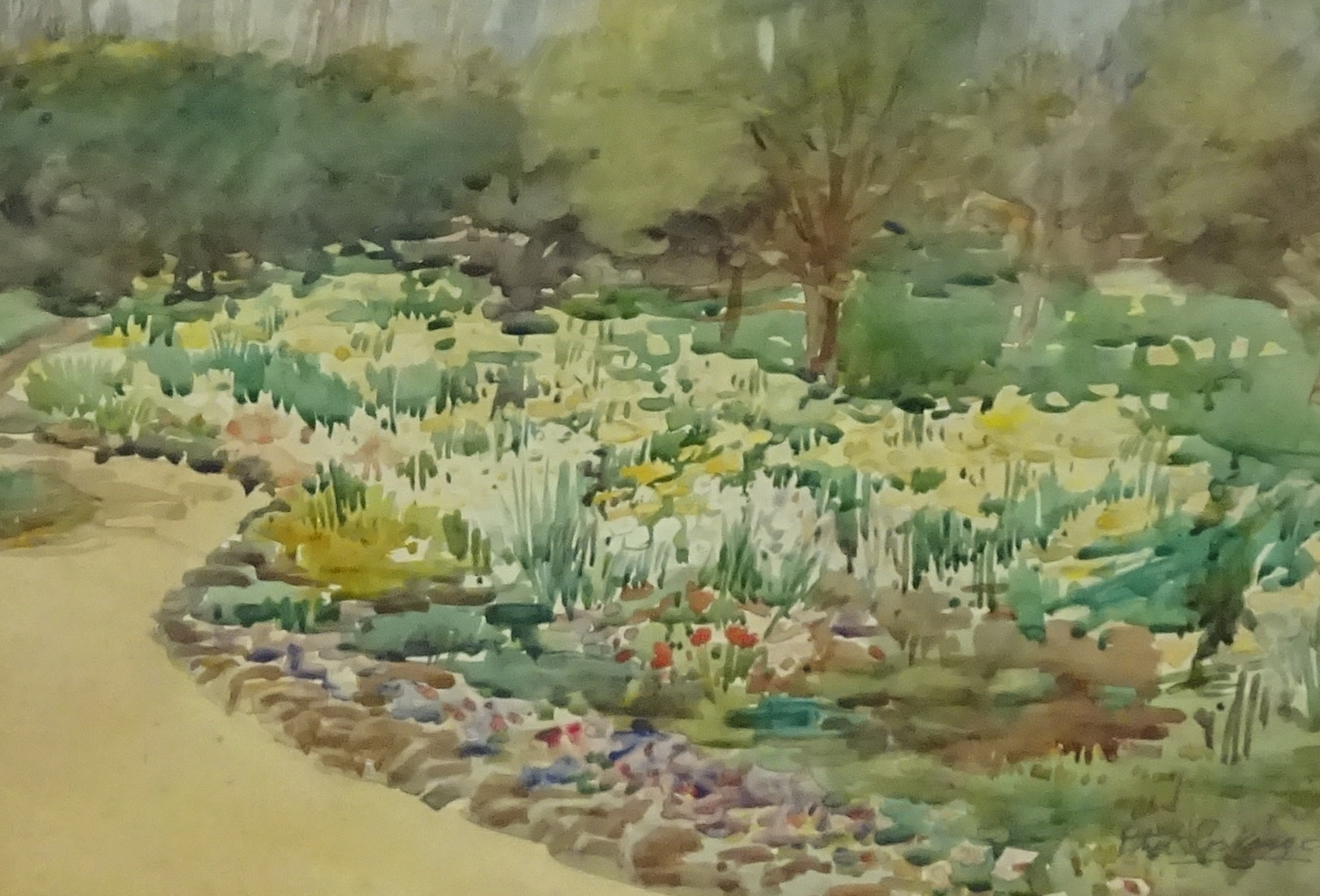 Ethel Roskauge, Cornish artist, watercolour signed 'Spring Garden', 26 x 35cm