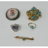 A silver and hardstone (Blue john?) ring, a silver and turquoise ring, 2 costume brooches and a