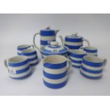 T.G.Green Cornishware, a collection including 6 inch coffee pot (crazed), 4 inch tea pot, 3 inch