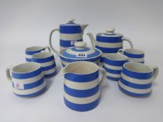 T.G.Green Cornishware, a collection including 6 inch coffee pot (crazed), 4 inch tea pot, 3 inch