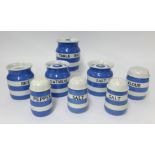 T.G.Green Cornishware, a collection including 5 inch Table Salt jar, two 5 inch jars Oatmeal and