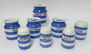 T.G.Green Cornishware, a collection including 5 inch Table Salt jar, two 5 inch jars Oatmeal and