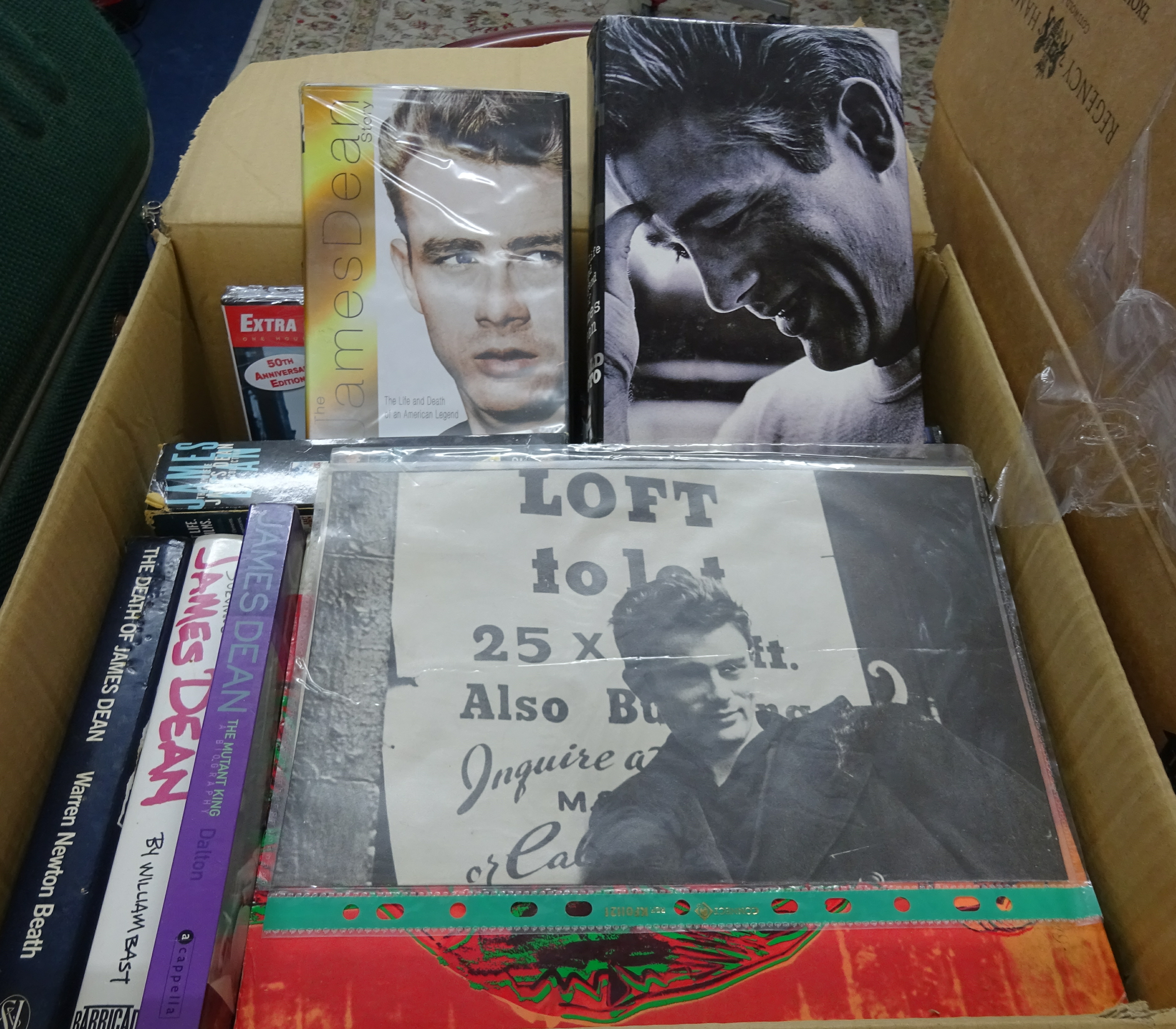 A large collection of James Dean memorabilia including various posters, books, scrap books,
