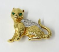 Modern gilt cat brooch with diamond and emerald effect stones