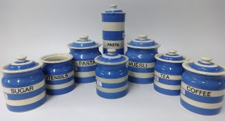 T.G.Green Cornishware, a collection including a 11.5 inch Pasta jar, two 6.5 inch Muesli and Pasta