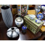 A biscuit barrel, various vases, box and cover, decorative patterned box etc. (6)