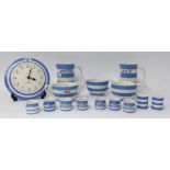 T.G.Green Cornishware, a collection including 9 inch clock with clover leaf Cornish blue on face,