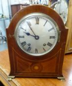 Edwardian mahogany and inlaid mantle clock with gong strike