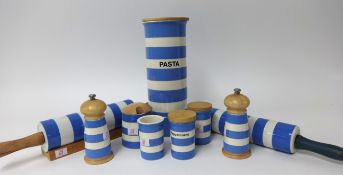 T.G.Green Cornishware, a collection including 12 inch Pasta jar with wooden lid, 6 inch Salt and