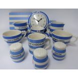 T.G.Green Cornishware, a collection including 9 inch clock, six placemats, six coasters,