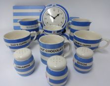 T.G.Green Cornishware, a collection including 9 inch clock, six placemats, six coasters,