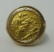 Victoria full sovereign in a 9ct gold ring.