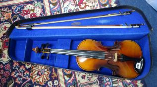 A Viola, cased with two bows.