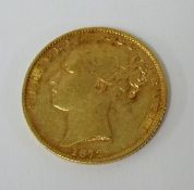 A Victoria gold sovereign, shield back, 1872.