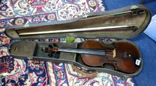 A Violin with two bows, cased with paper label inside 'Aus L.Kamftens Sohne Musikaliselie,