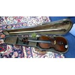 A Violin with two bows, cased with paper label inside 'Aus L.Kamftens Sohne Musikaliselie,