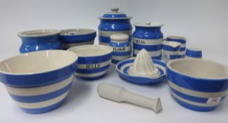 T.G.Green Cornishware, a collection including 5.5 inch Meal jar, juicer, pestle and mortar, flour