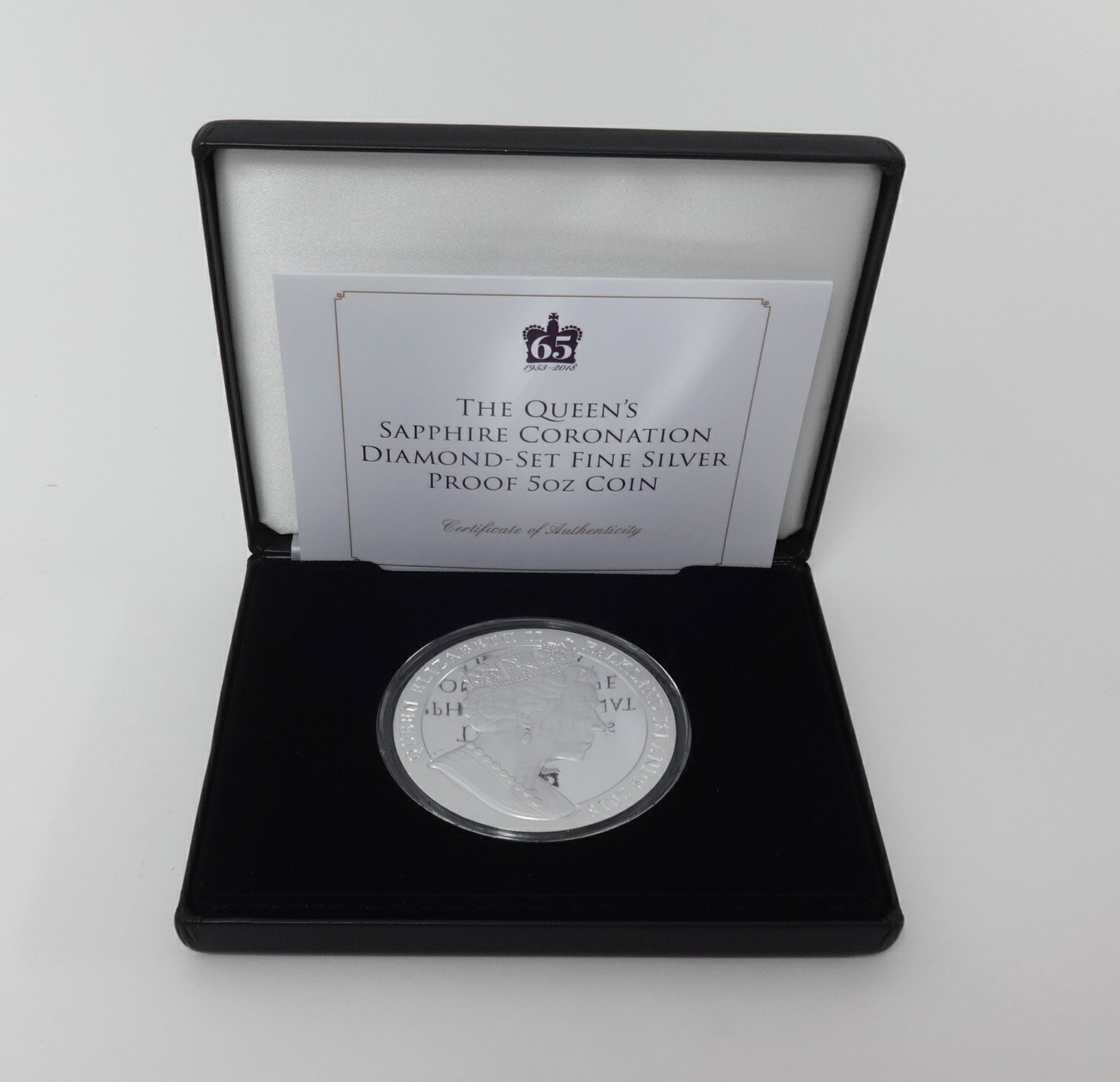 Jubilee Mint, 5oz silver proof coin Queens Sapphire Coronation 2018, boxed with certificate.